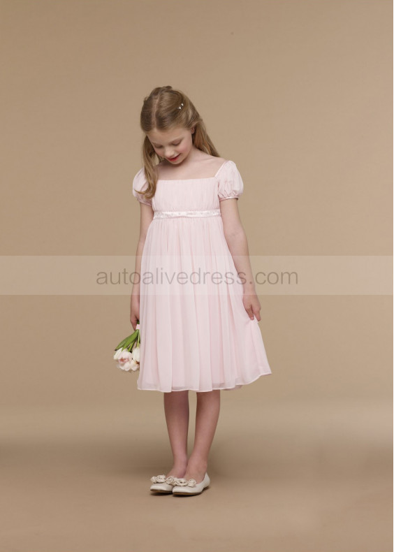 Puff Sleeves Pink Chiffon Knee Length Flower Girl Dress Puff Sleeves Pink Chiffon Knee Length Flower Girl Dress